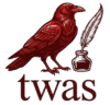 Illustration of a red raven with a quill and ink bottle for TWAS Blog.