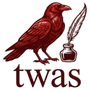Illustration of a red raven with a quill and ink bottle for TWAS blog logo.