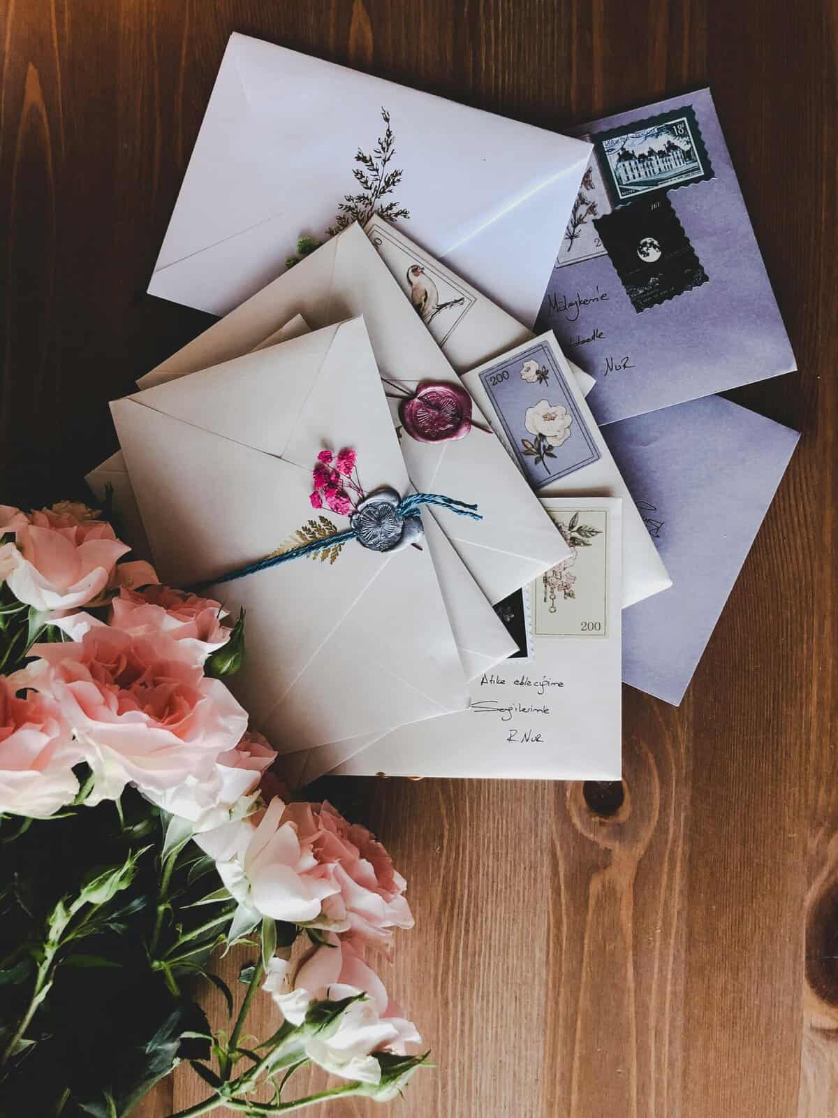 Vintage wedding invitation envelopes with floral and handwritten details.